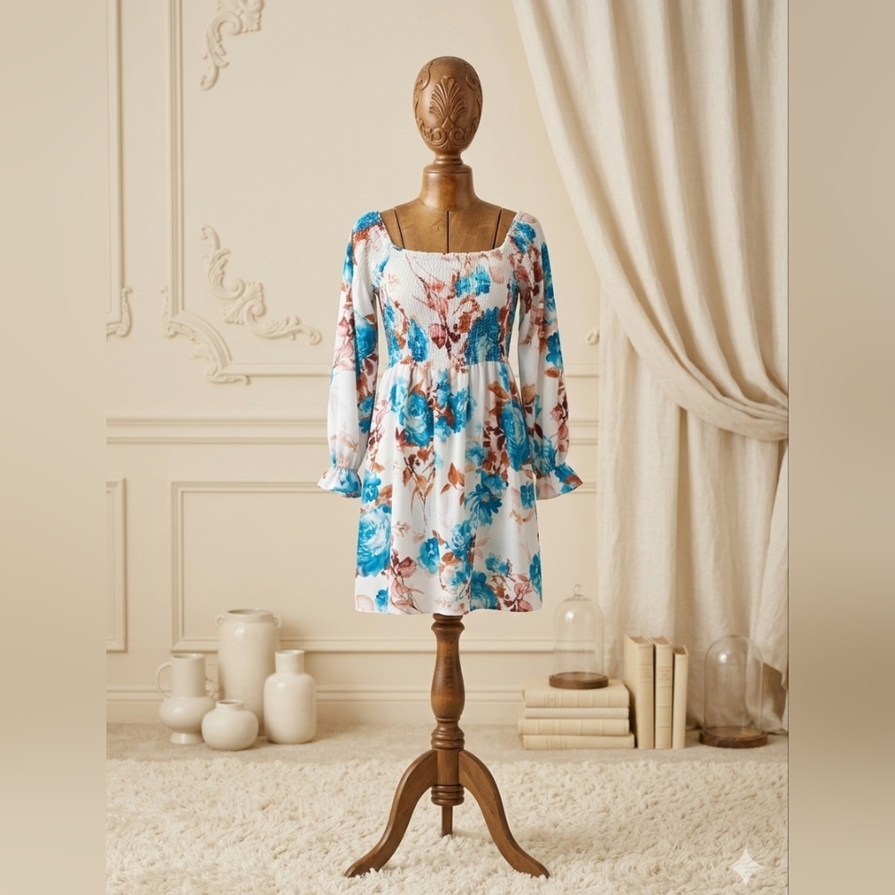 Gypsies & Moondust Turquoise Floral Smocked Mini Dress NWT | Size S - Picture 1 of 4